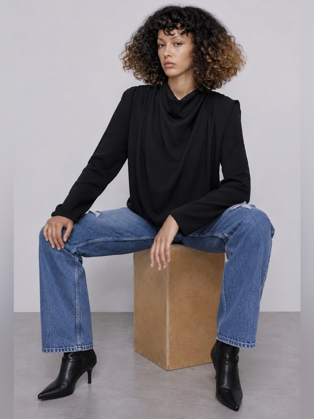 Zara Black Draped Pleated Neck Top
